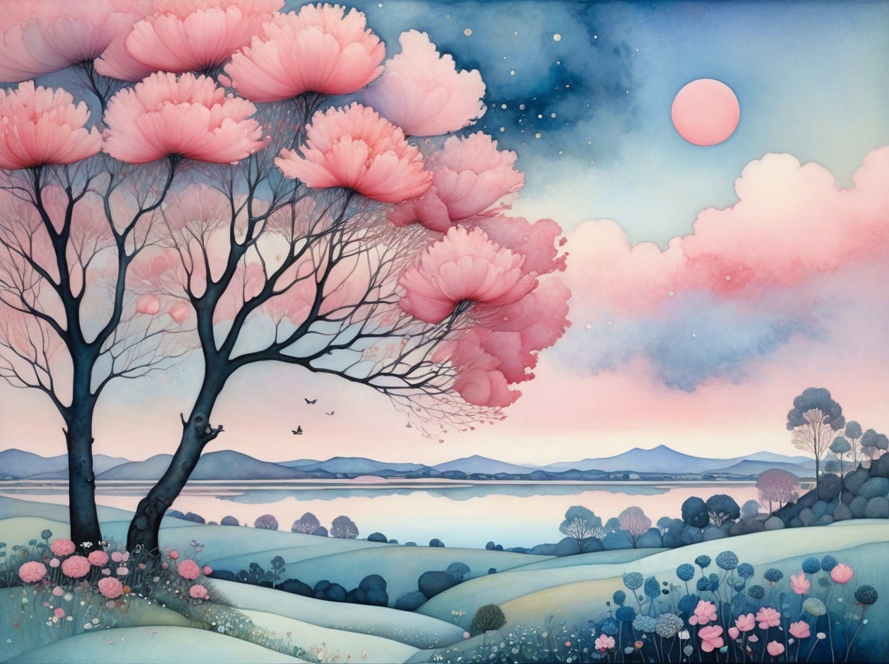 Colorful Watercolor Landscape with Trees and Mountains