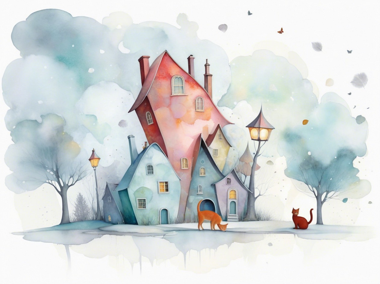 Colorful Village with Cats and Watercolor Style Elements