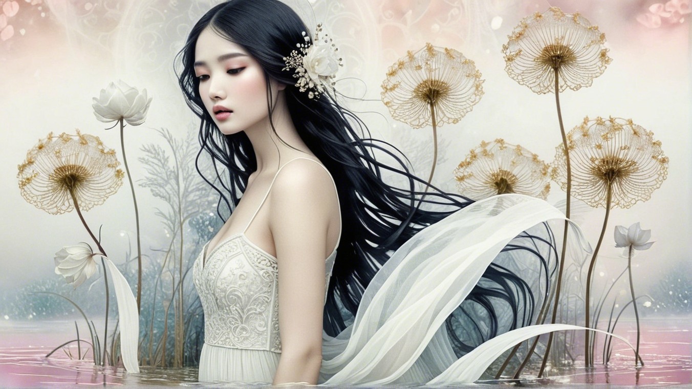 Ethereal Woman in Tranquil Water with Lotus Flowers