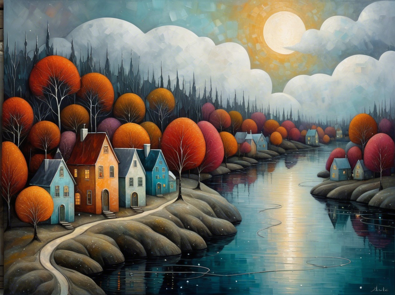 Whimsical Autumn Riverside Village Painting Description