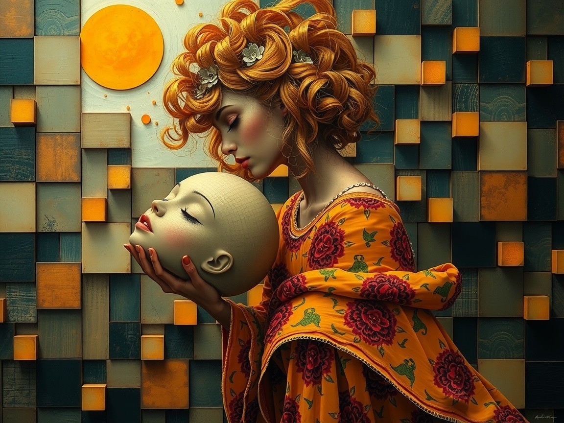 Surreal Art Depicting Woman with Mask and Colorful Background