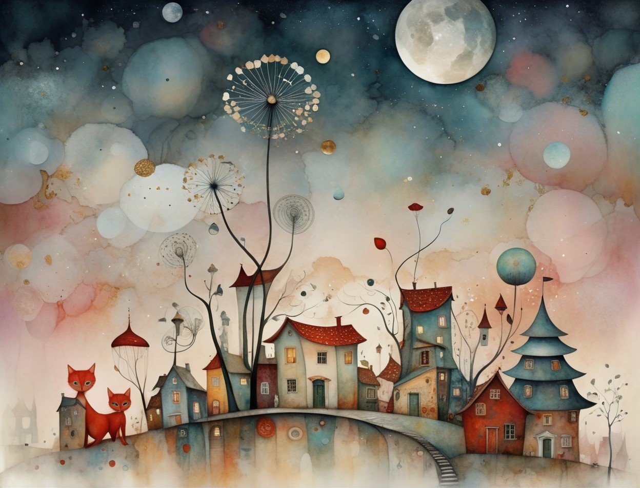Watercolor painting of a whimsical fairytale village