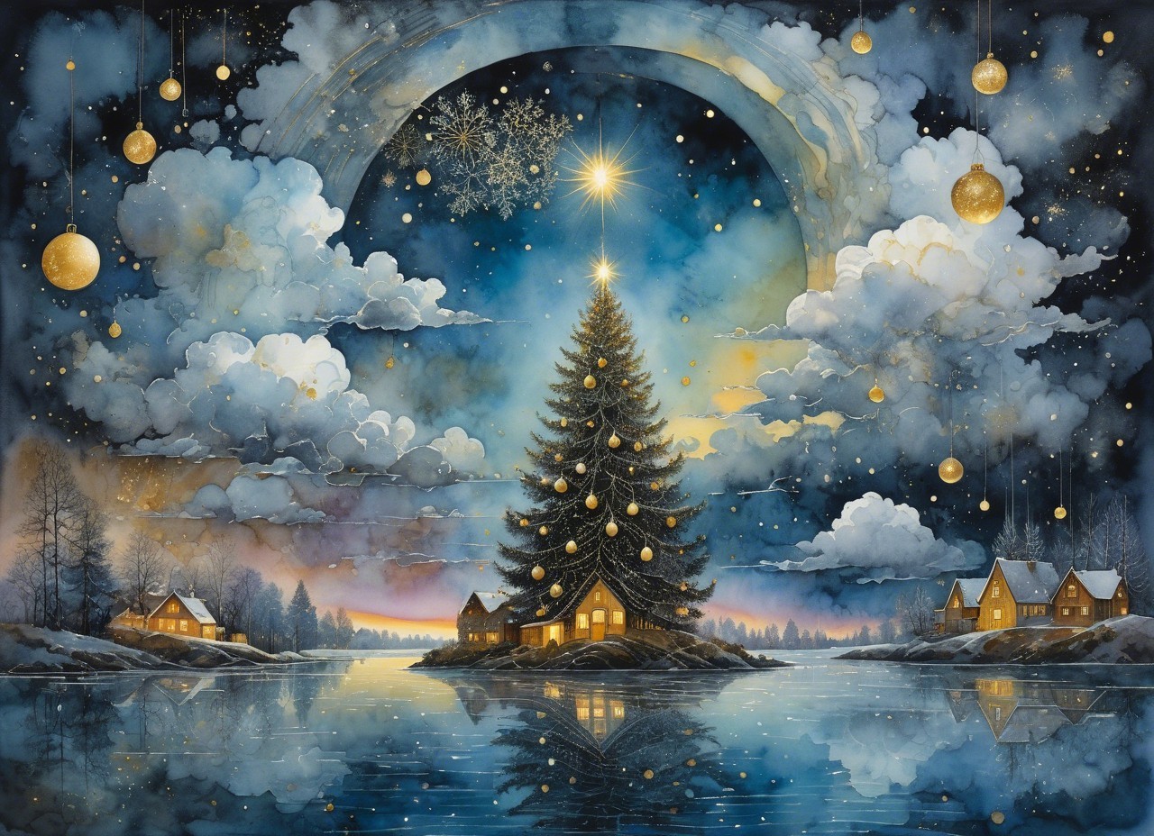 Watercolor Painting of Christmas Tree on Frozen Lake