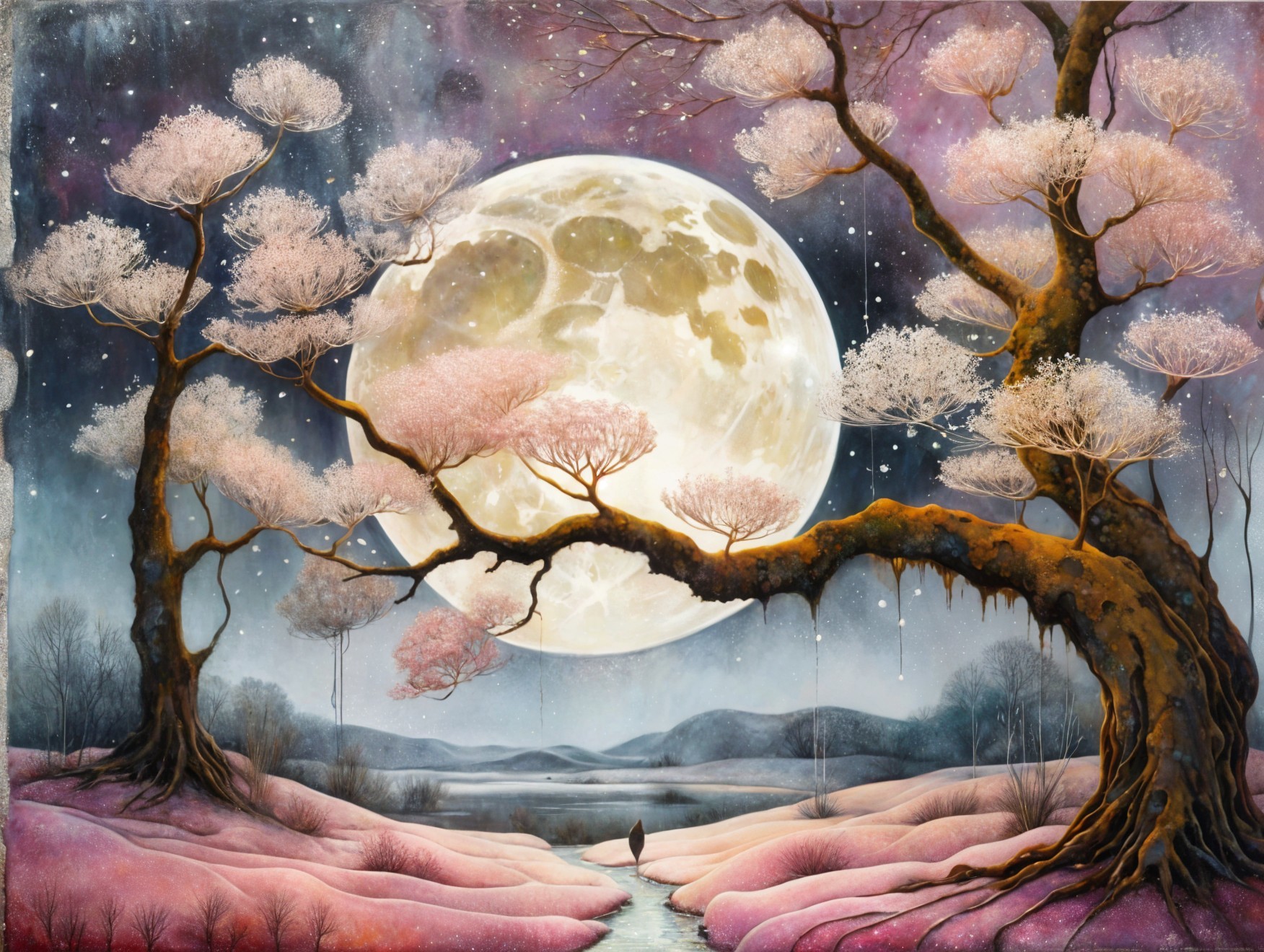 Surreal Landscape with Luminous Moon and Blossoming Trees