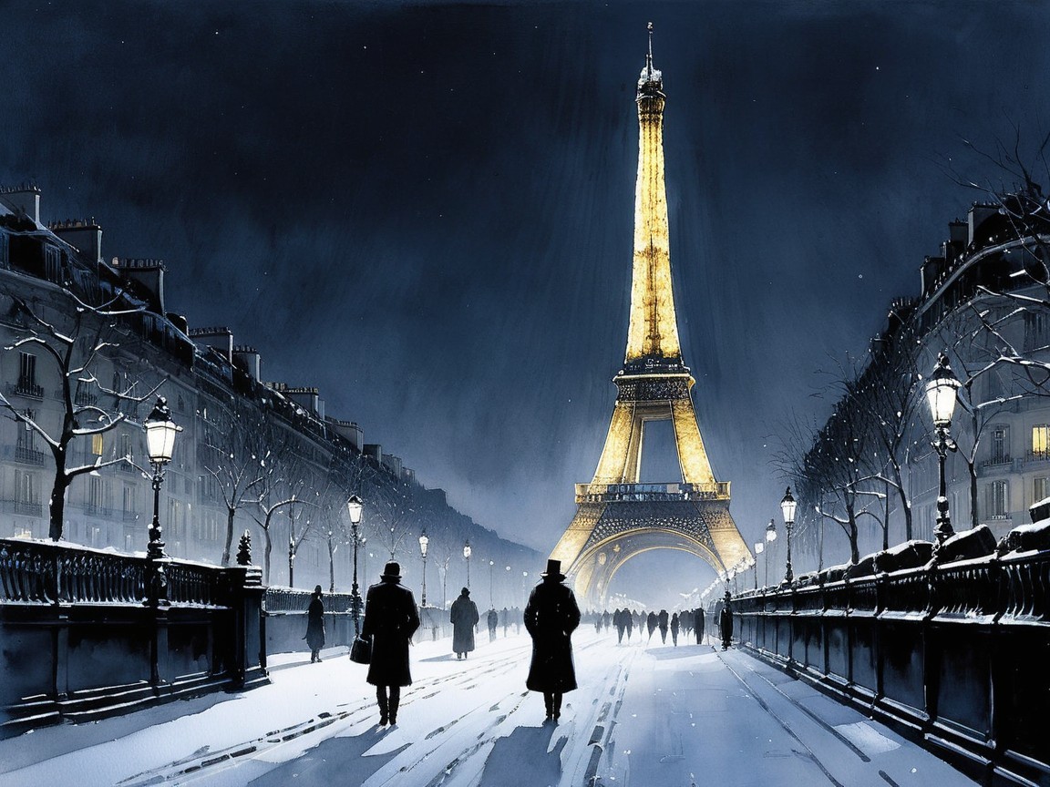 Snowy Paris Evening Beneath the Illuminated Eiffel Tower