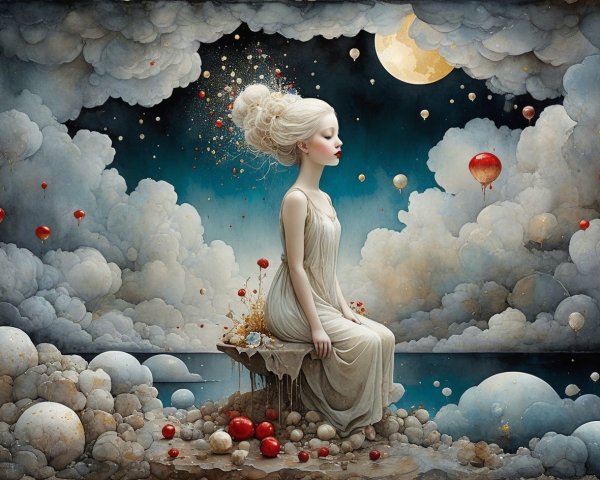 Ethereal Blonde Woman in Dreamy Landscape with Moon