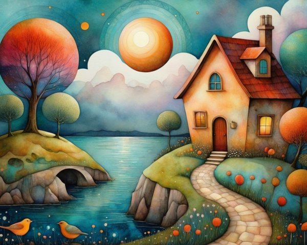 Whimsical Watercolor Landscape with House and Trees