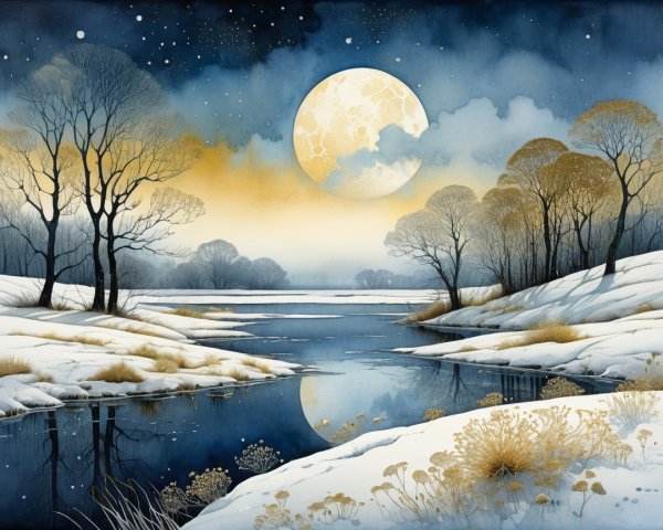 Serene Winter Landscape with Moonlit River and Snow
