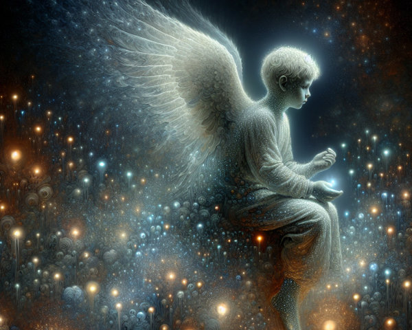 Ethereal Child with Wings in Cosmic Landscape