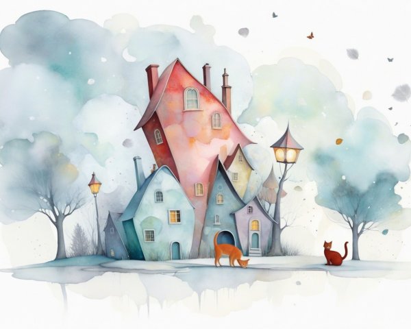 Colorful Village with Cats and Watercolor Style Elements