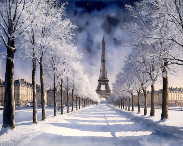 Eiffel Tower in a Serene Wintry Twilight Scene