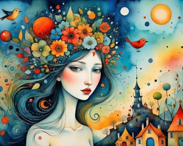 Serene woman with flowers in a whimsical landscape