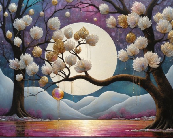 Serene Landscape with Ornate Trees and Luminous Moon
