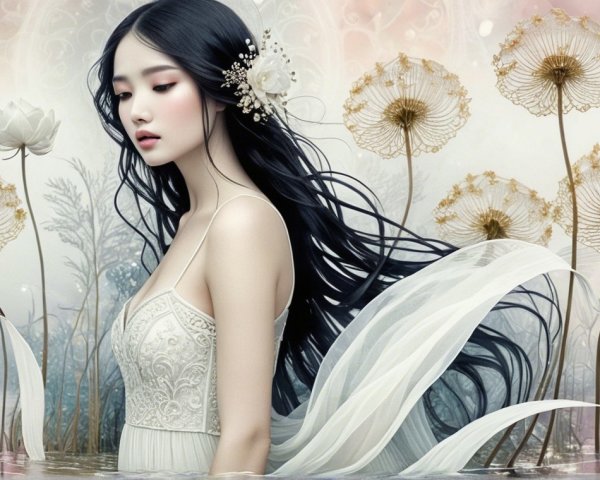 Ethereal Woman in Tranquil Water with Lotus Flowers