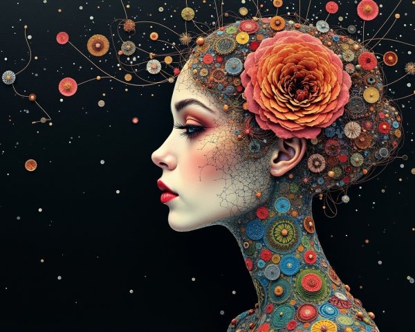 Profile of a woman with intricate patterns and colors