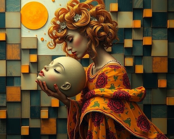 Surreal Art Depicting Woman with Mask and Colorful Background