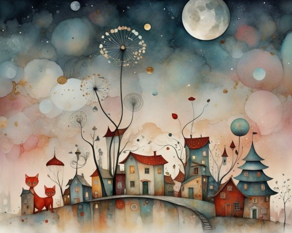 Watercolor painting of a whimsical fairytale village