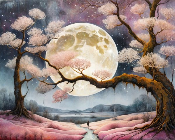 Surreal Landscape with Luminous Moon and Blossoming Trees