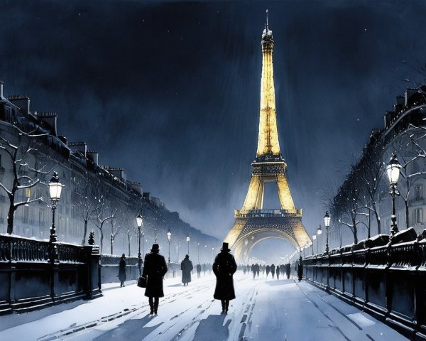 Snowy Paris Evening Beneath the Illuminated Eiffel Tower