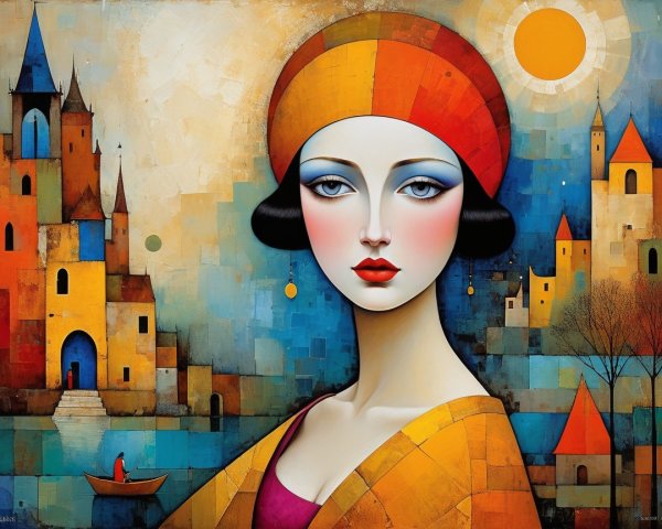 Vivid Woman with Orange Headscarf in Colorful Landscape