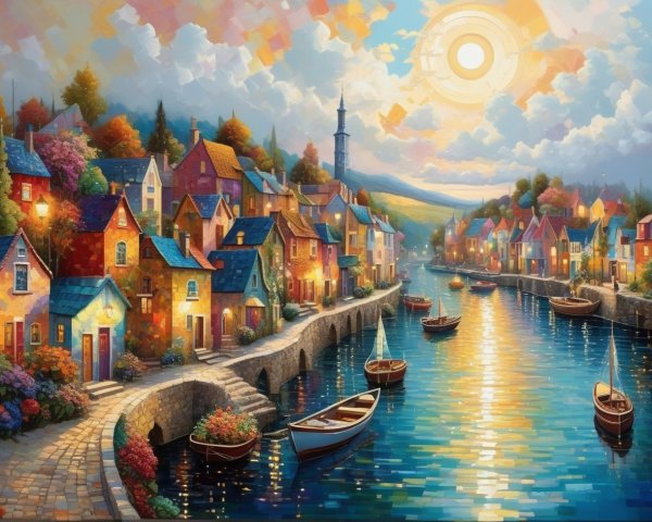 Impressionistic Painting of a Charming Port Town
