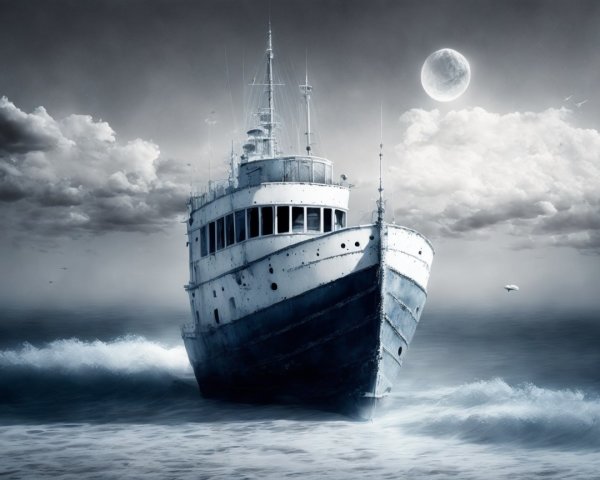 Vintage Ship Amidst Turbulent Waves and Dramatic Sky