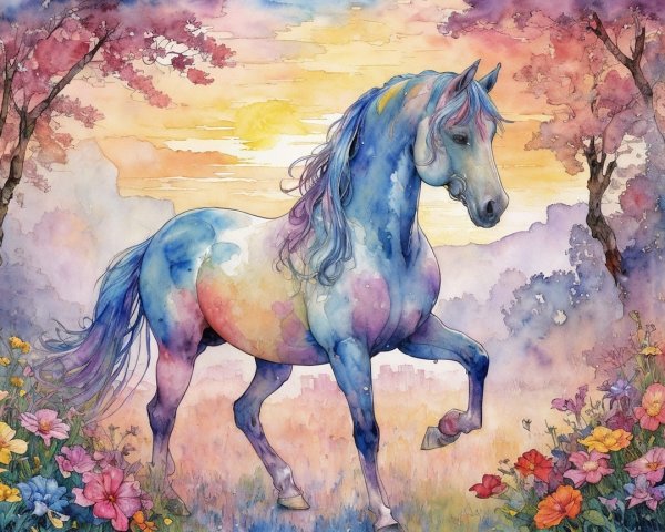 Majestic Horse in Vibrant Watercolor Landscape