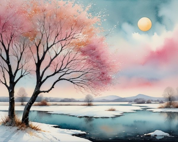 Winter Landscape with Spring Hints and Glowing Sun