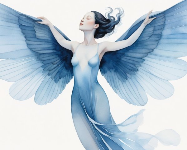Ethereal figure with translucent wings and serene pose
