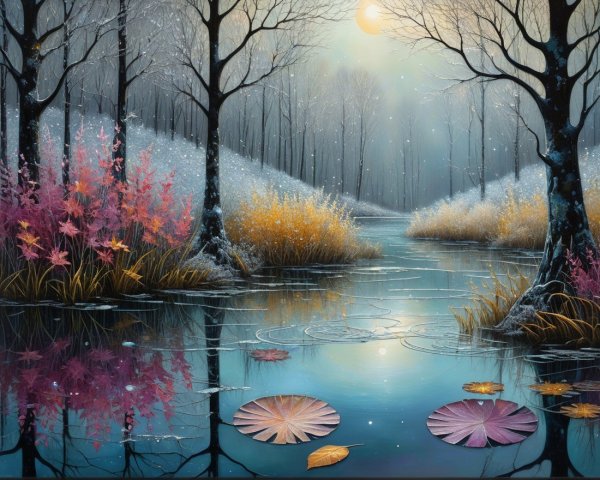 Tranquil Winter Scene with Moonlit River and Foliage