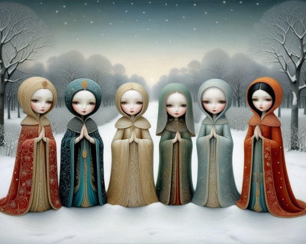 Elegantly Dressed Figures in Serene Winter Landscape