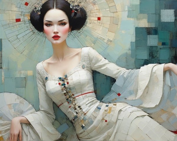 Portrait of a woman in white traditional garment with fans