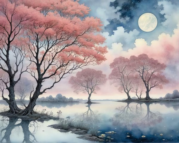 Tranquil Moonlit Waterscape in Watercolor Art