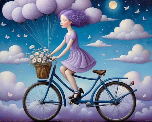 Whimsical Illustration of a Girl on a Bicycle