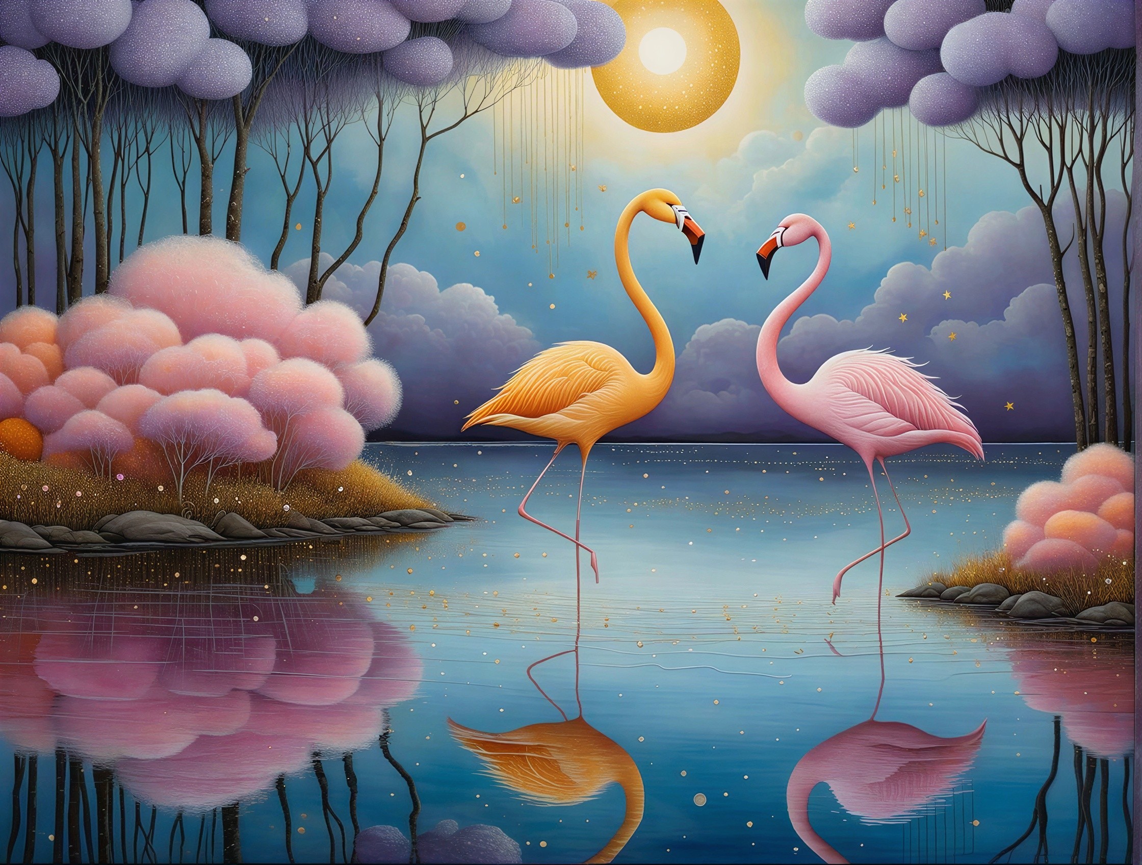 Flamingos in Twilight Lake with Heart-Shaped Necks