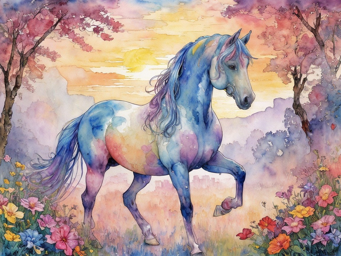 Majestic Horse in Vibrant Watercolor Landscape