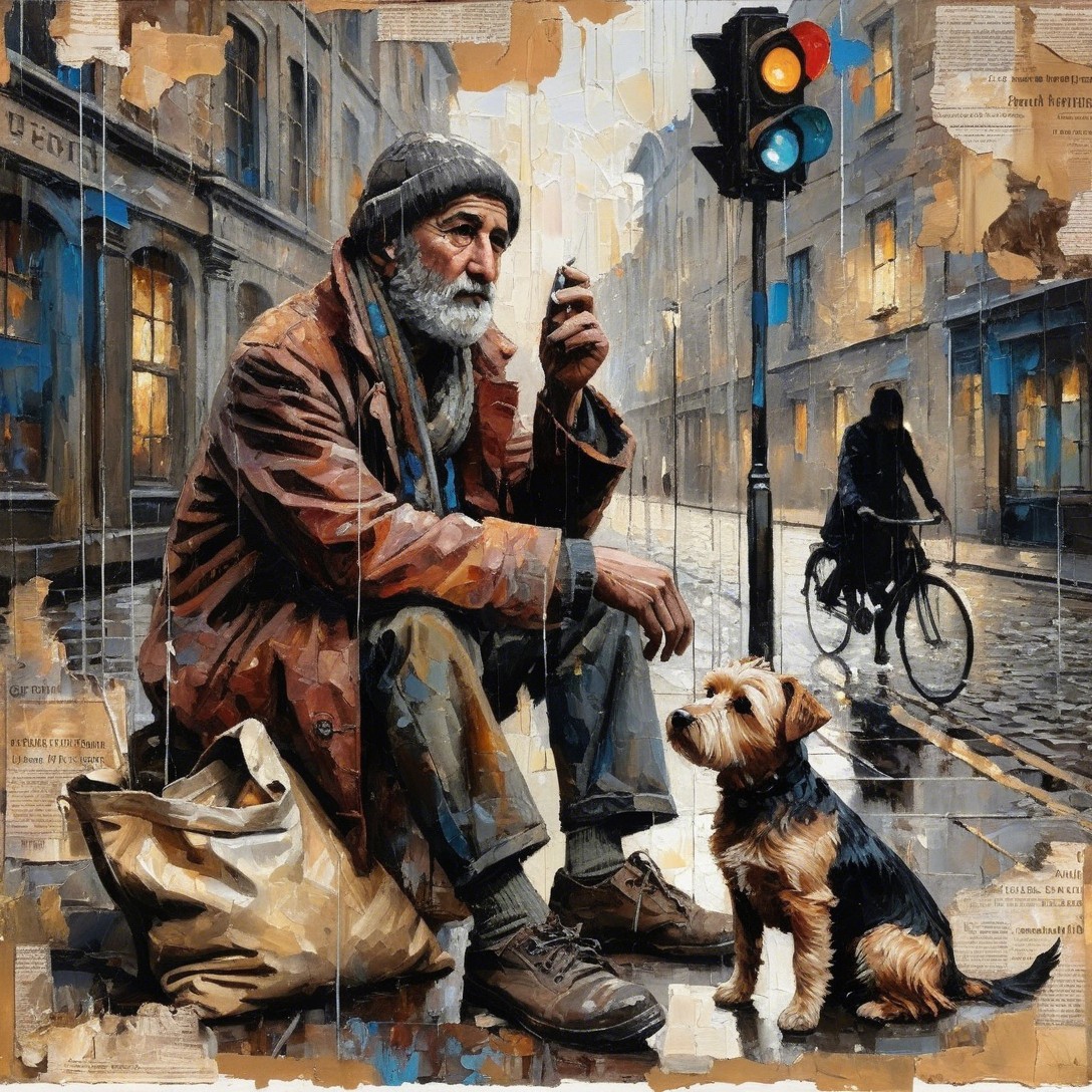 Mixed Media Painting of Homeless Man with Dog