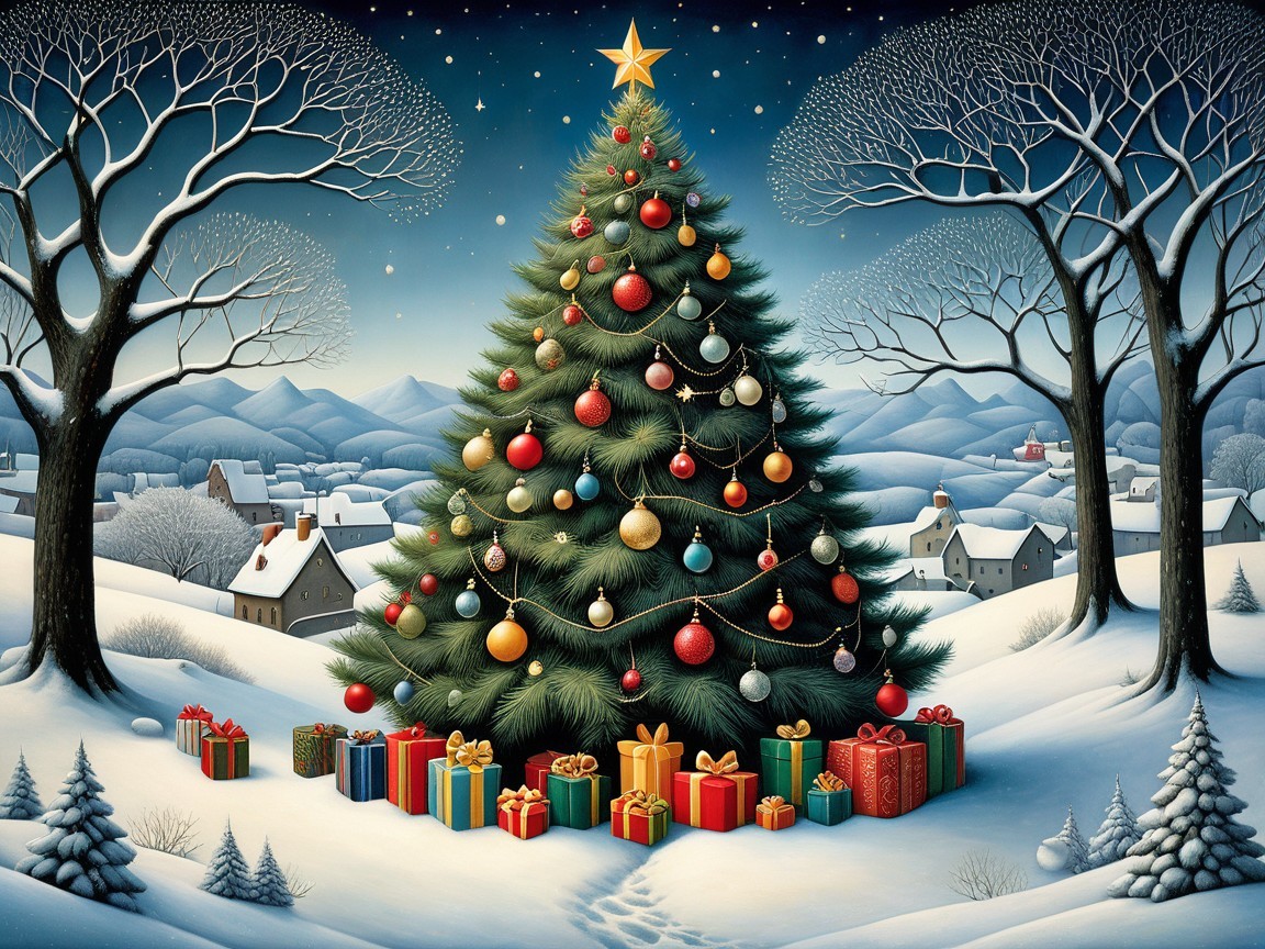 Festive Winter Wonderland Scene with Christmas Tree and Village