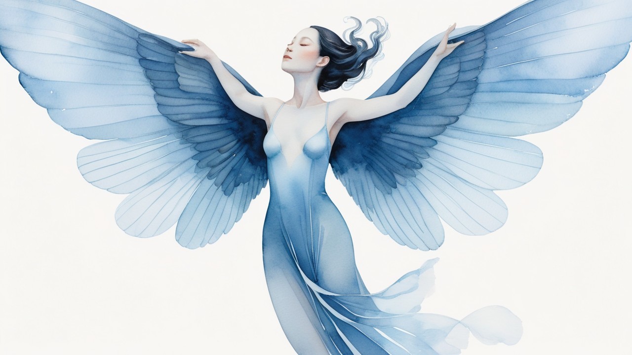 Ethereal figure with translucent wings and serene pose