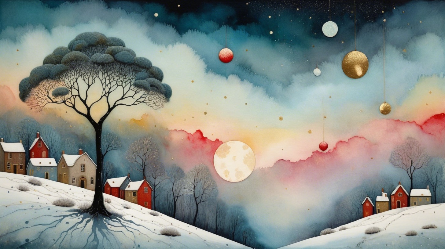 Whimsical Winter Landscape with Colorful Houses