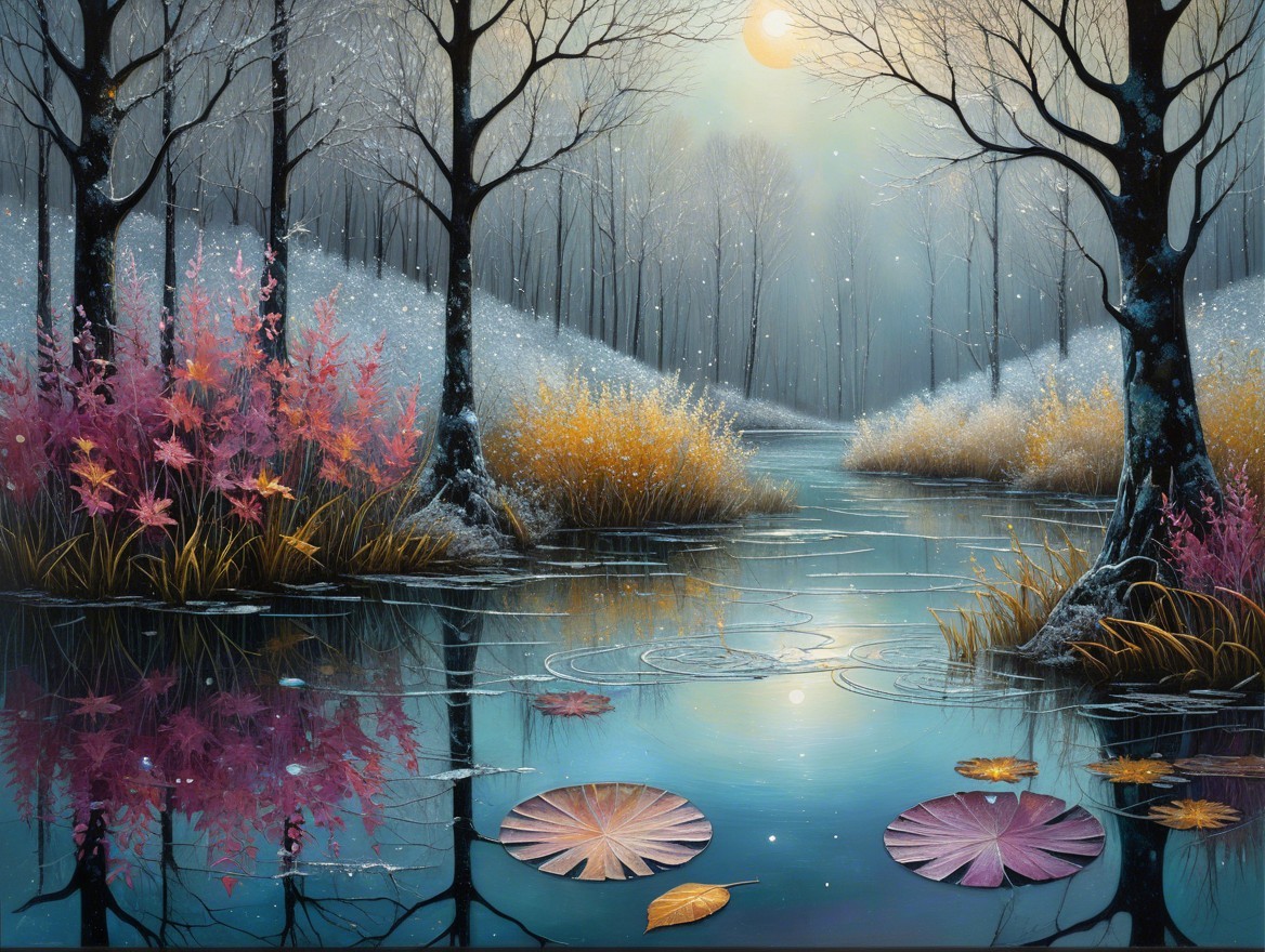 Tranquil Winter Scene with Moonlit River and Foliage