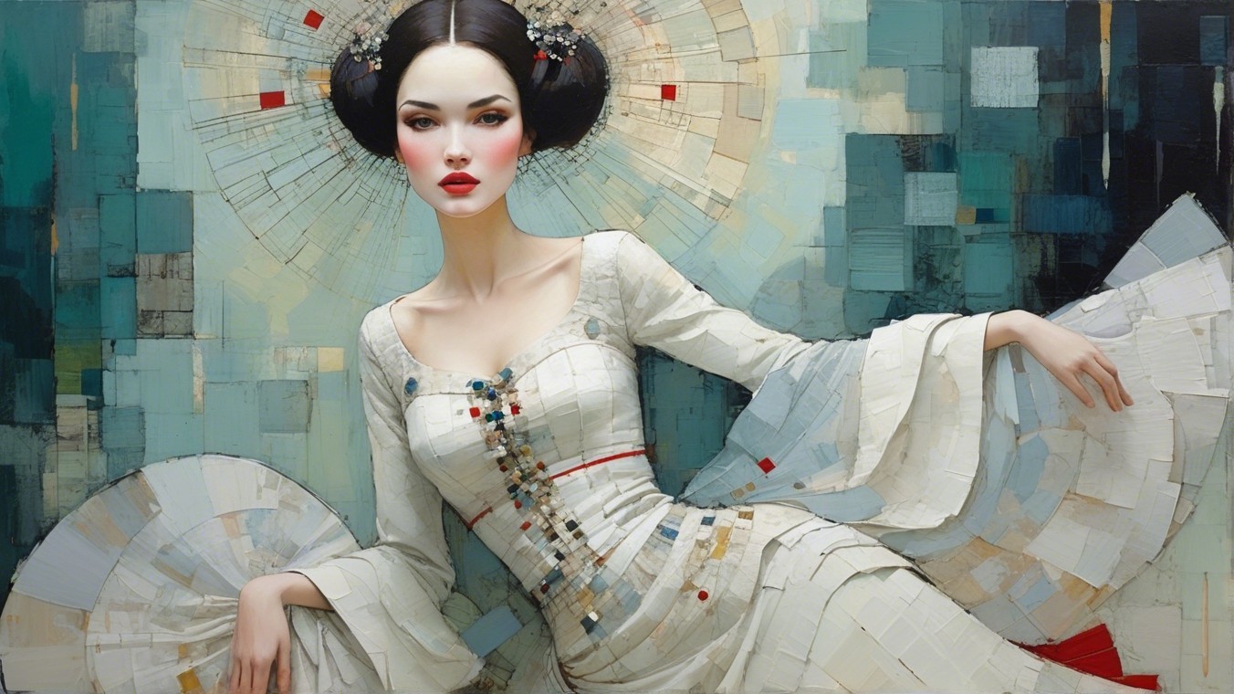 Portrait of a woman in white traditional garment with fans