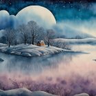Winter Landscape Watercolor with Moonlit Lake and Cabin
