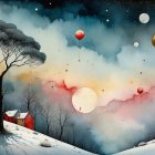 Whimsical Winter Landscape with Colorful Houses