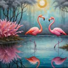 Flamingos in Twilight Lake with Heart-Shaped Necks