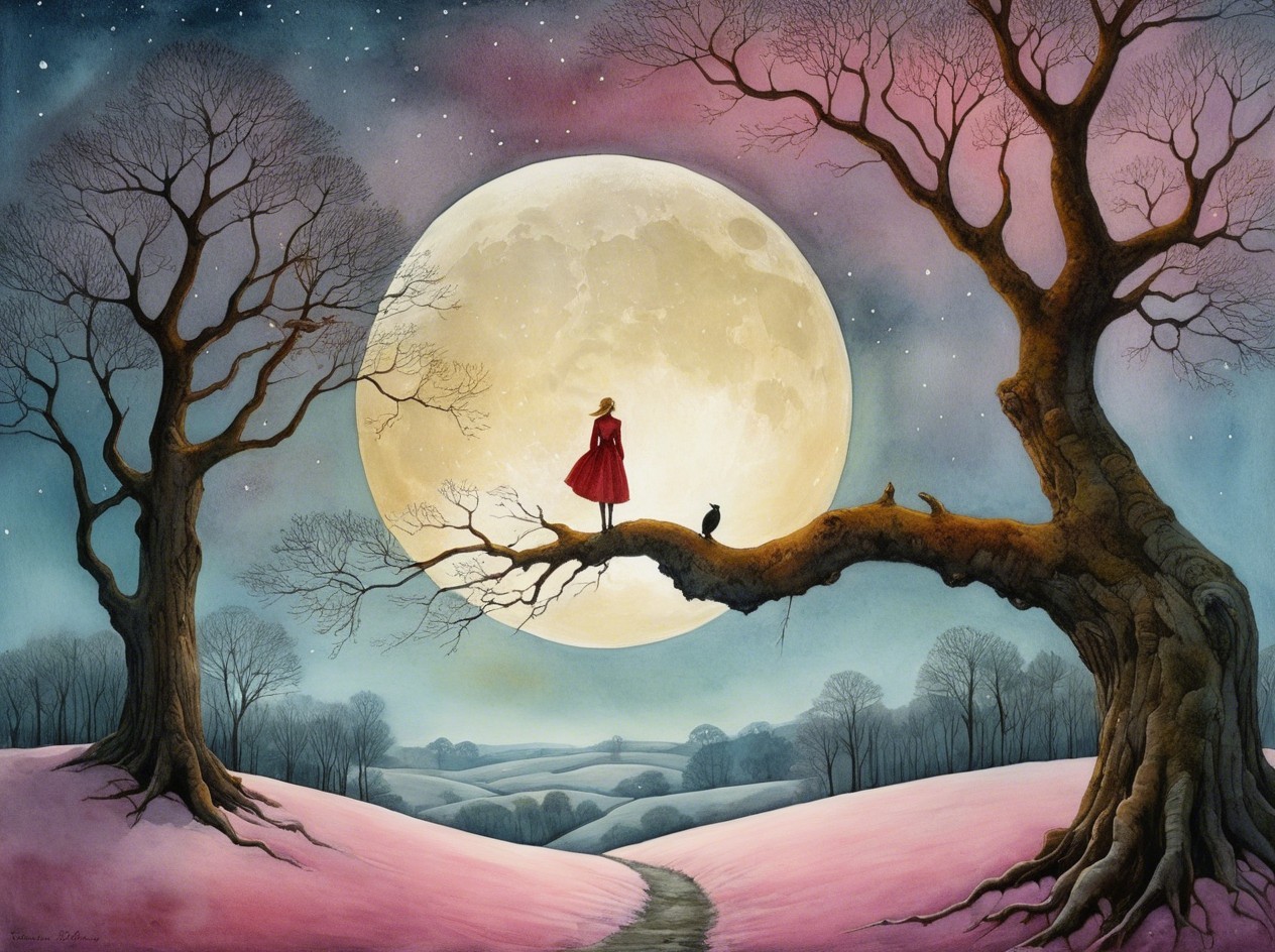 Watercolor of Full Moon Night with Trees and Figure