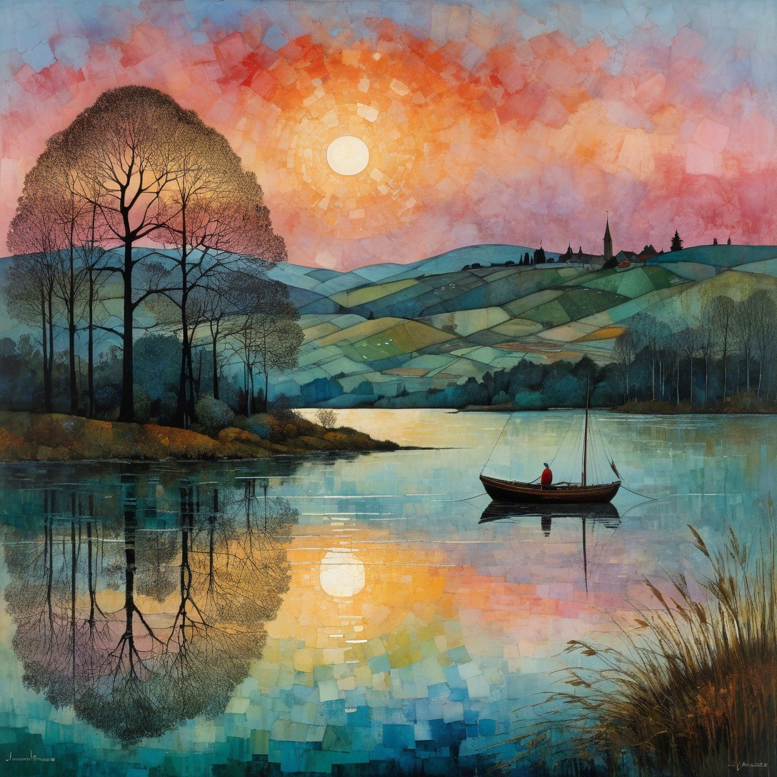 Vibrant Watercolor Landscape of a Serene Lake Scene