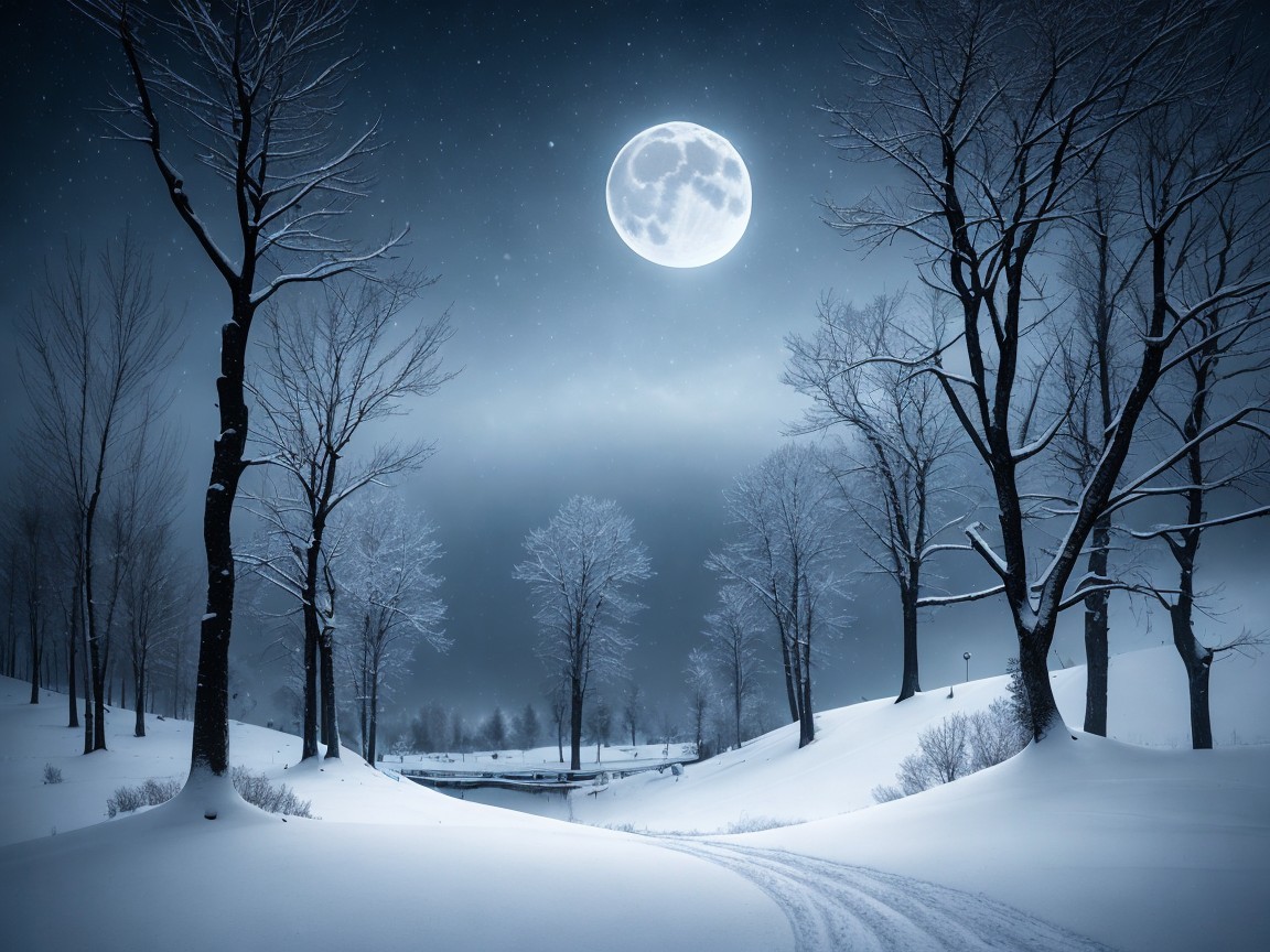 Serene Winter Landscape Under Moonlight and Snow
