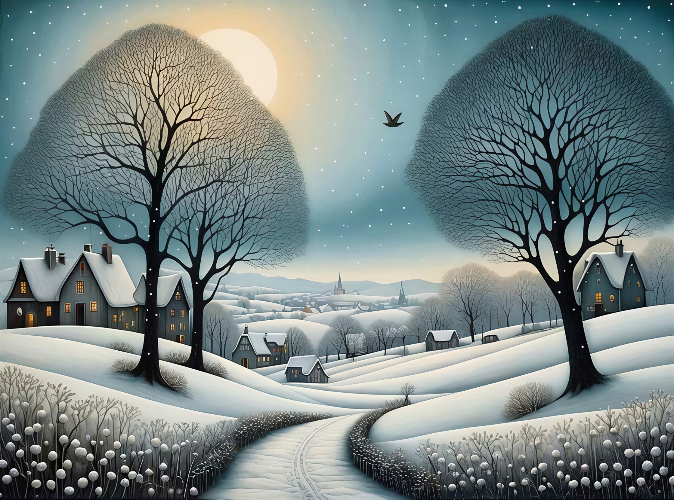 Winter Village Scene with Snow and Glowing Lights