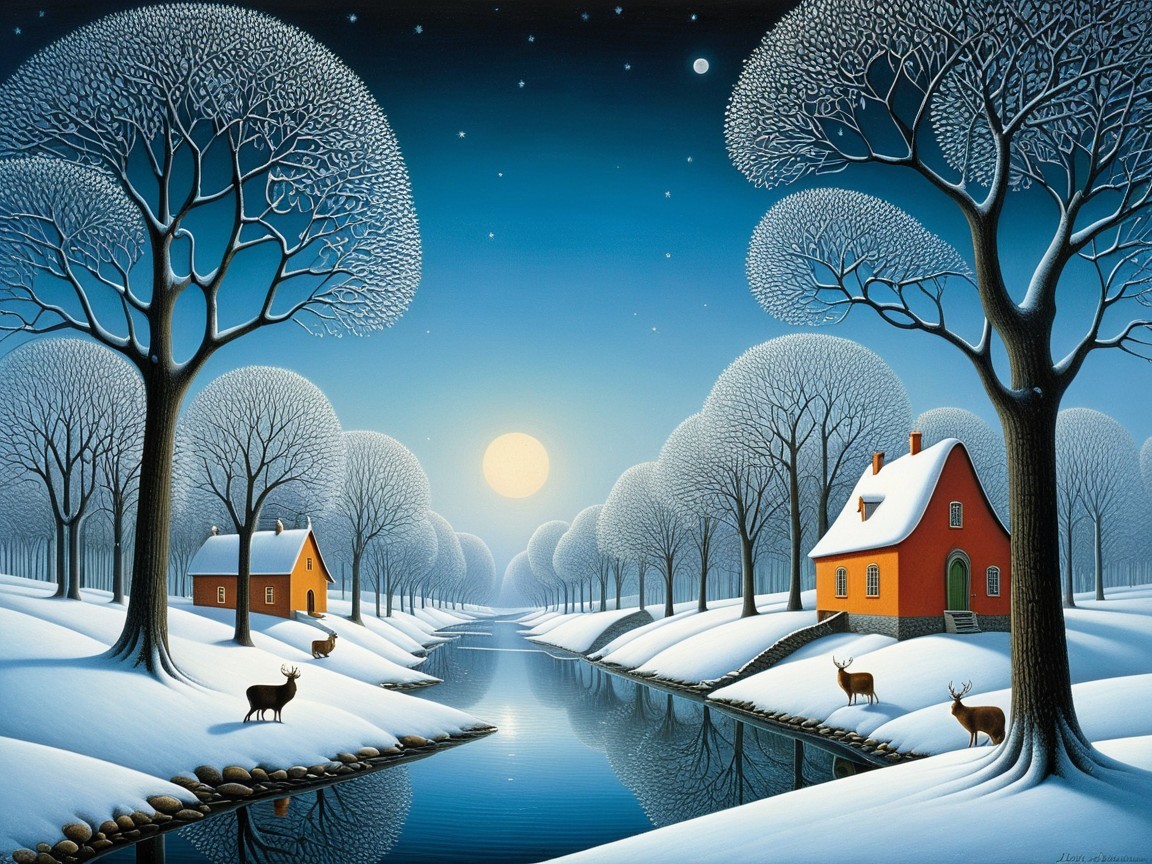 Serene winter landscape with moonlit river and deer